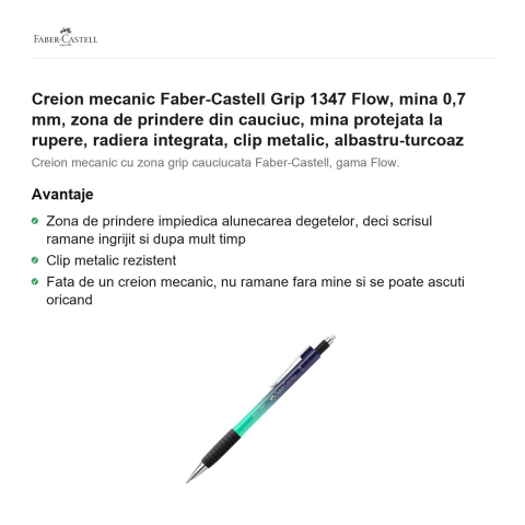 Creion mecanic Faber-Castell Grip 1347 Flow, mina 0,7 mm, zona de prindere din cauciuc, mina protejata la rupere, radiera integrata, clip metalic, albastru-turcoaz [1]
