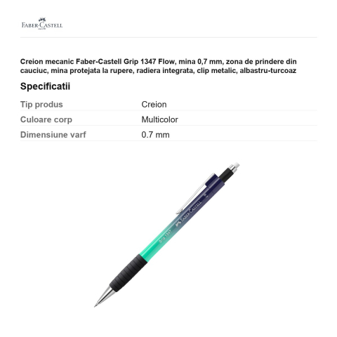 Creion mecanic Faber-Castell Grip 1347 Flow, mina 0,7 mm, zona de prindere din cauciuc, mina protejata la rupere, radiera integrata, clip metalic, albastru-turcoaz [2]