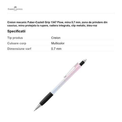 Creion mecanic Faber-Castell Grip 1347 Flow, mina 0,7 mm, zona de prindere din cauciuc, mina protejata la rupere, radiera integrata, clip metalic, bleu-roz [2]