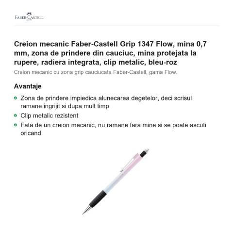 Creion mecanic Faber-Castell Grip 1347 Flow, mina 0,7 mm, zona de prindere din cauciuc, mina protejata la rupere, radiera integrata, clip metalic, bleu-roz [1]
