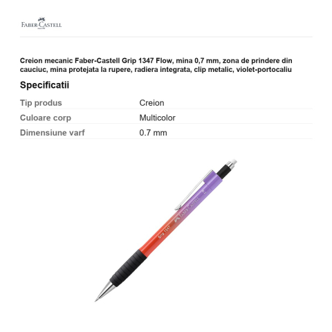 Creion mecanic Faber-Castell Grip 1347 Flow, mina 0,7 mm, zona de prindere din cauciuc, mina protejata la rupere, radiera integrata, clip metalic, violet-portocaliu [2]