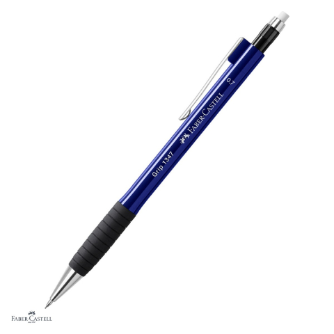 Instrumente de scris - Creion mecanic Faber-Castell Grip 1347, mina 0,7 mm B, zona de prindere din cauciuc, mina protejata la rupere, radiera integrata, clip metalic, bleumarin