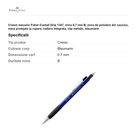 Creion mecanic Faber-Castell Grip 1347, mina 0,7 mm B, zona de prindere din cauciuc, mina protejata la rupere, radiera integrata, clip metalic, bleumarin [2]