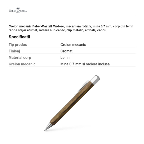 Creion mecanic Faber-Castell Ondoro, mecanism rotativ, mina 0,7 mm, corp din lemn rar de stejar afumat, radiera sub capac, clip metalic, ambalaj cadou [2]