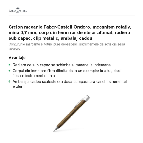 Creion mecanic Faber-Castell Ondoro, mecanism rotativ, mina 0,7 mm, corp din lemn rar de stejar afumat, radiera sub capac, clip metalic, ambalaj cadou [1]