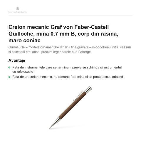 Creion mecanic Graf von Faber-Castell Guilloche, mina 0.7 mm B, corp din rasina, maro coniac [1]