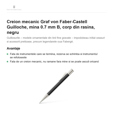 Creion mecanic Graf von Faber-Castell Guilloche, mina 0.7 mm B, corp din rasina, negru [1]
