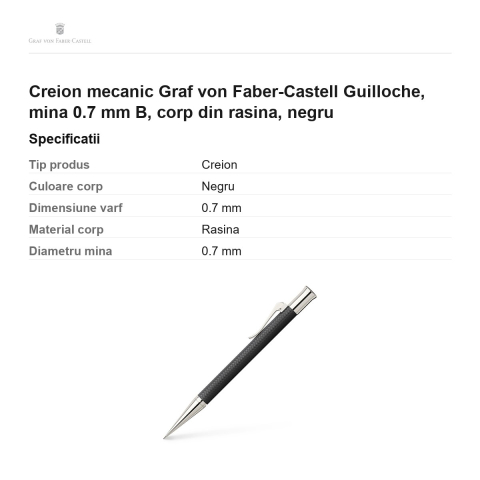Creion mecanic Graf von Faber-Castell Guilloche, mina 0.7 mm B, corp din rasina, negru [2]