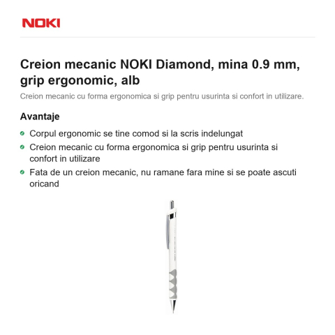 Creion mecanic NOKI Diamond, mina 0.9 mm, grip ergonomic, alb [1]