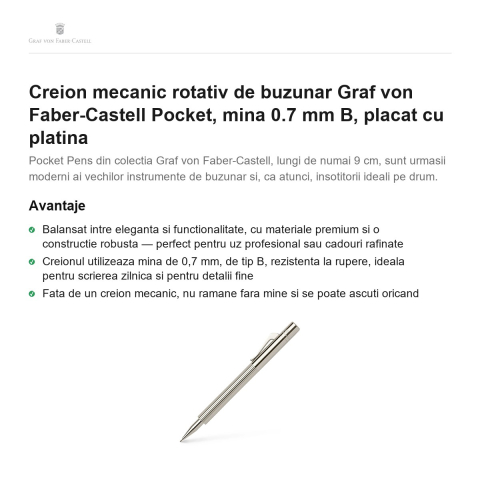 Creion mecanic rotativ de buzunar Graf von Faber-Castell Pocket, mina 0.7 mm B, placat cu platina [1]