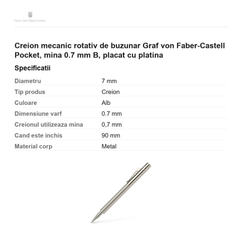 Creion mecanic rotativ de buzunar Graf von Faber-Castell Pocket, mina 0.7 mm B, placat cu platina [2]