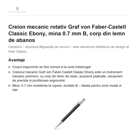 Creion mecanic rotativ Graf von Faber-Castell Classic Ebony, mina 0.7 mm B, corp din lemn de abanos [1]