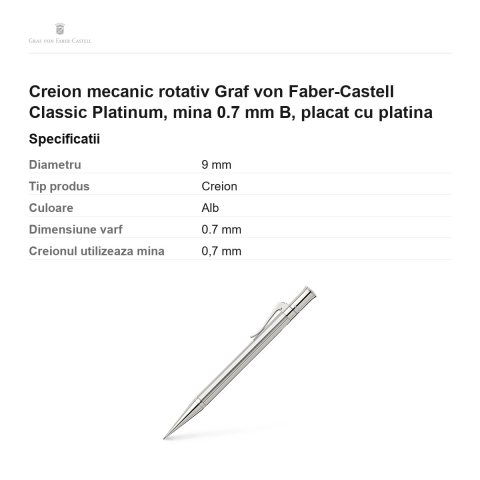 Creion mecanic rotativ Graf von Faber-Castell Classic Platinum, mina 0.7 mm B, placat cu platina [2]