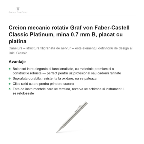 Creion mecanic rotativ Graf von Faber-Castell Classic Platinum, mina 0.7 mm B, placat cu platina [1]