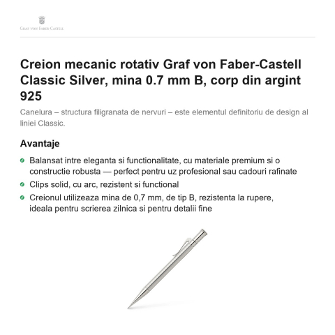 Creion mecanic rotativ Graf von Faber-Castell Classic Silver, mina 0.7 mm B, corp din argint 925 [1]