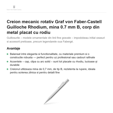 Creion mecanic rotativ Graf von Faber-Castell Guilloche Rhodium, mina 0.7 mm B, corp din metal placat cu rodiu [1]