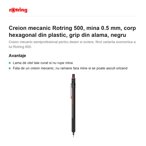 Creion mecanic Rotring 500, mina 0.5 mm, corp hexagonal din plastic, grip din alama, negru [1]