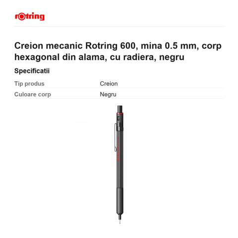 Creion mecanic Rotring 600, mina 0.5 mm, corp hexagonal din alama, cu radiera, negru [2]