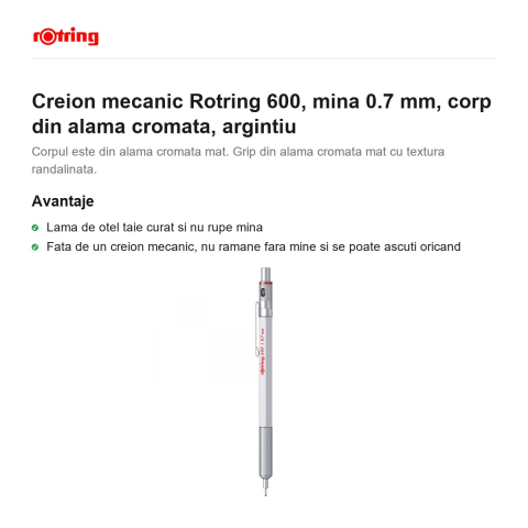 Creion mecanic Rotring 600, mina 0.7 mm, corp din alama cromata, argintiu [1]