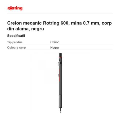 Creion mecanic Rotring 600, mina 0.7 mm, corp din alama, negru [2]