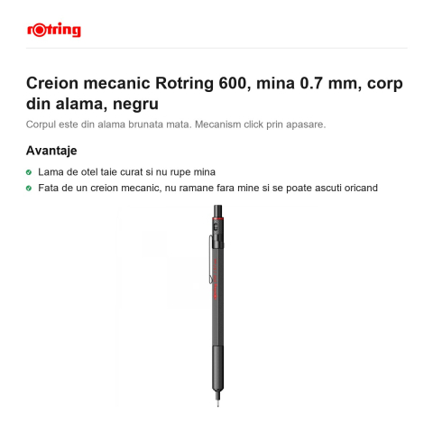 Creion mecanic Rotring 600, mina 0.7 mm, corp din alama, negru [1]