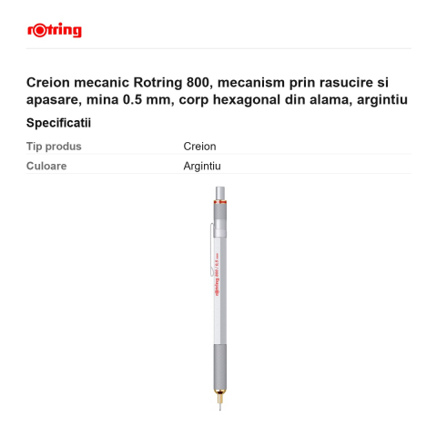 Creion mecanic Rotring 800, mecanism prin rasucire si apasare, mina 0.5 mm, corp hexagonal din alama, argintiu [2]
