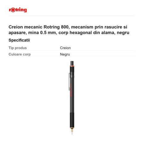 Creion mecanic Rotring 800, mecanism prin rasucire si apasare, mina 0.5 mm, corp hexagonal din alama, negru [2]