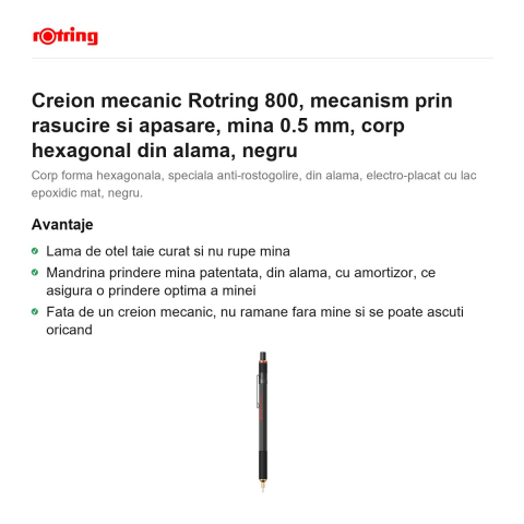 Creion mecanic Rotring 800, mecanism prin rasucire si apasare, mina 0.5 mm, corp hexagonal din alama, negru [1]