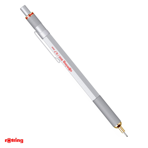 Instrumente de scris - Creion mecanic Rotring 800, mecanism prin rasucire si apasare, mina 0.7 mm, corp hexagonal din alama, argintiu
