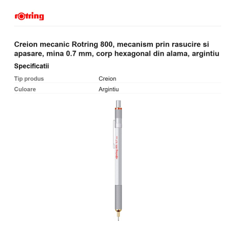 Creion mecanic Rotring 800, mecanism prin rasucire si apasare, mina 0.7 mm, corp hexagonal din alama, argintiu [2]