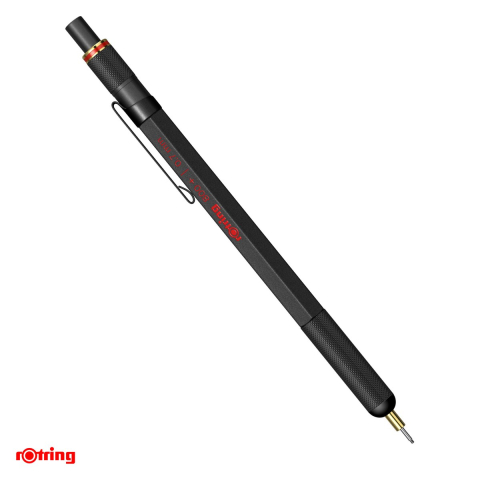 Instrumente de scris - Creion mecanic Rotring 800 Plus, varf retractabil, mina 0.7 mm, corp hexagonal din alama, accesorii placate cu aur, negru