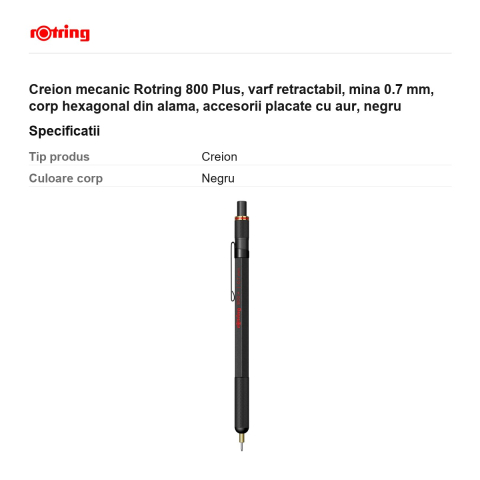 Creion mecanic Rotring 800 Plus, varf retractabil, mina 0.7 mm, corp hexagonal din alama, accesorii placate cu aur, negru [2]