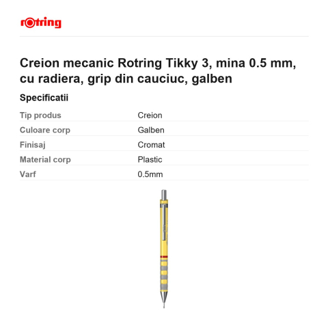 Creion mecanic Rotring Tikky 3, mina 0.5 mm, cu radiera, grip din cauciuc, galben [2]