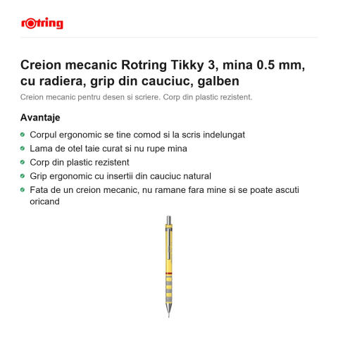 Creion mecanic Rotring Tikky 3, mina 0.5 mm, cu radiera, grip din cauciuc, galben [1]