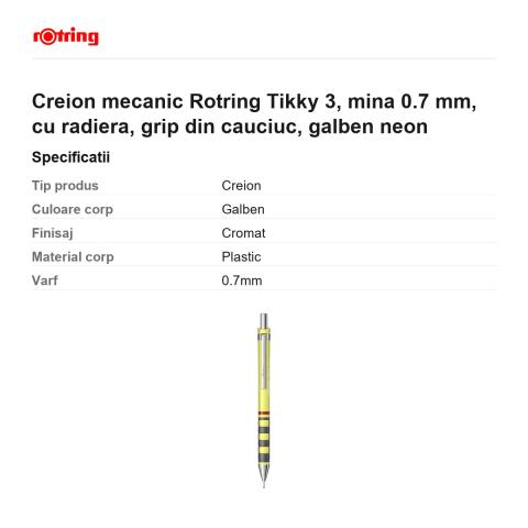 Creion mecanic Rotring Tikky 3, mina 0.7 mm, cu radiera, grip din cauciuc, galben neon [2]
