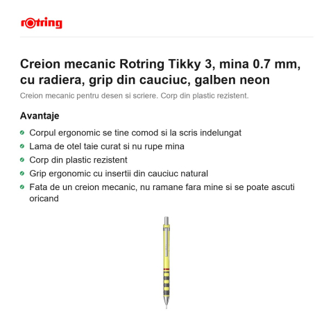 Creion mecanic Rotring Tikky 3, mina 0.7 mm, cu radiera, grip din cauciuc, galben neon [1]
