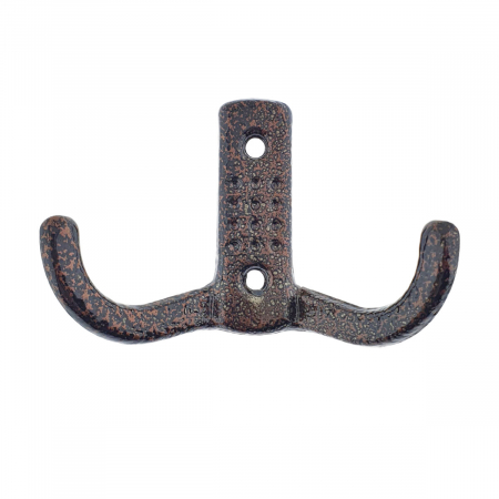 Cuiere si agatatori de perete - Cuier din metal pentru mobila sau perete, cu 2 agatatori de 2 cm, MOB-65284, 2 orificii de montare, dimensiuni 85 x 57 x 30 mm, maro