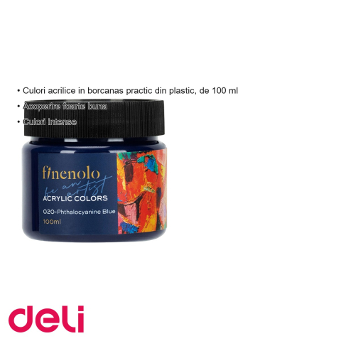 Culoare acrilica Deli Finenolo, albastru phtalo, borcan plastic 100 ml, acoperire intensa pentru pictura [2]