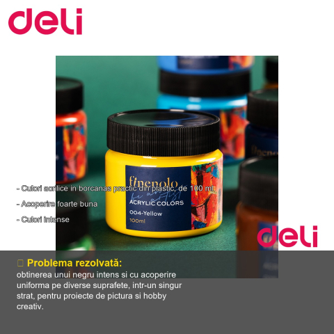 Culoare acrilica Deli Finenolo, negru intens, 100 ml, in borcan plastic, pentru pictura si hobby [1]