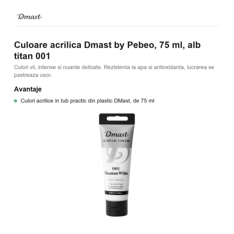 Culoare acrilica Dmast by Pebeo, 75 ml, alb titan 001 [1]