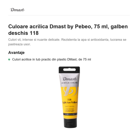 Culoare acrilica Dmast by Pebeo, 75 ml, galben deschis 118 [1]