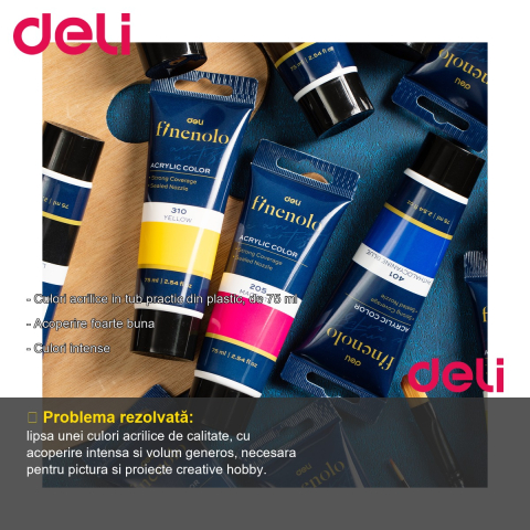 Culoare acrilica in tub Deli, 75 ml, albastru cyan, acoperire intensa pentru pictura si proiecte creative [1]