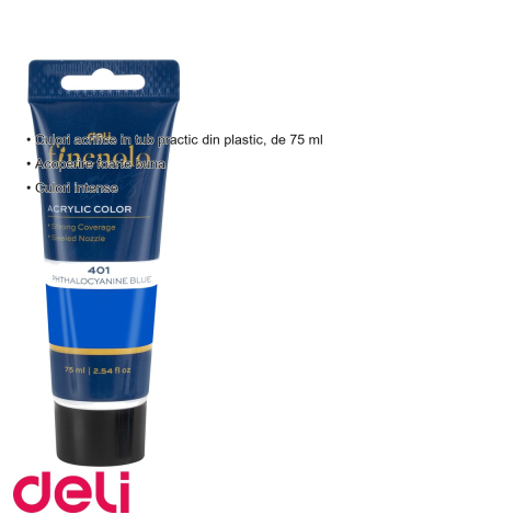 Culoare acrilica in tub Deli, 75 ml, albastru cyan, acoperire intensa pentru pictura si proiecte creative [2]