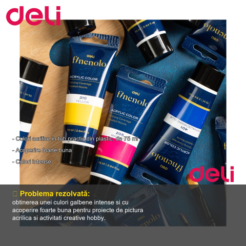 Culoare acrilica in tub Deli, galben intens 75 ml, acoperire foarte buna, pentru pictura si proiecte creative [1]