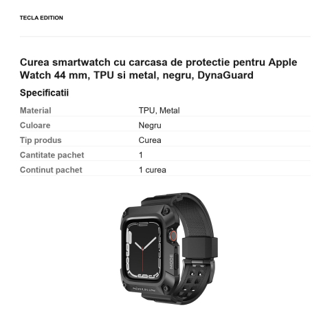 Curea smartwatch cu carcasa de protectie pentru Apple Watch 44 mm, TPU si metal, negru, DynaGuard [2]
