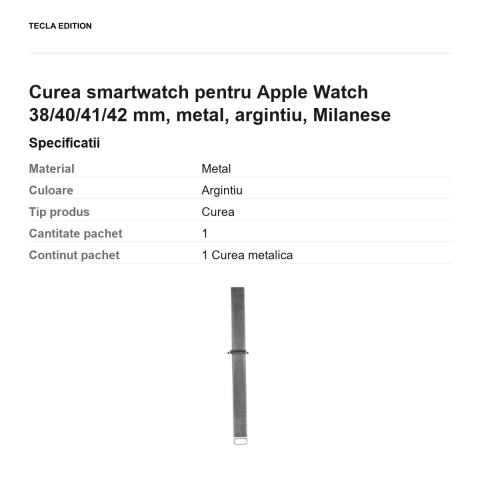 Curea smartwatch pentru Apple Watch 38/40/41/42 mm, metal, argintiu, Milanese [2]