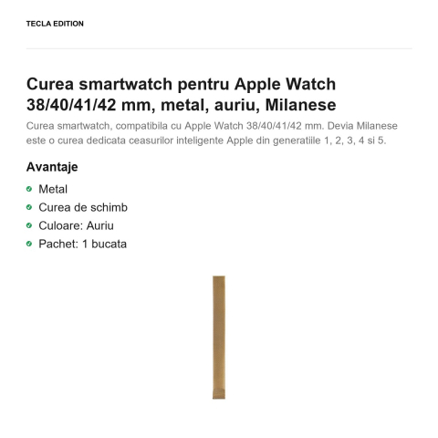 Curea smartwatch pentru Apple Watch 38/40/41/42 mm, metal, auriu, Milanese [1]