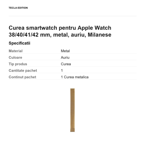 Curea smartwatch pentru Apple Watch 38/40/41/42 mm, metal, auriu, Milanese [2]