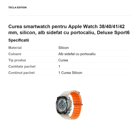 Curea smartwatch pentru Apple Watch 38/40/41/42 mm, silicon, alb sidefat cu portocaliu, Deluxe Sport6 [2]