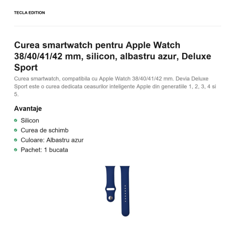 Curea smartwatch pentru Apple Watch 38/40/41/42 mm, silicon, albastru azur, Deluxe Sport [1]